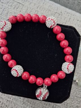Red Beaded Crystal Baseball Charm Bracelet -
